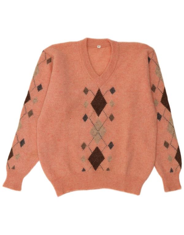 Vintage Mens V-Neck Jumper Sweater Large Orange Argyle/Diamond