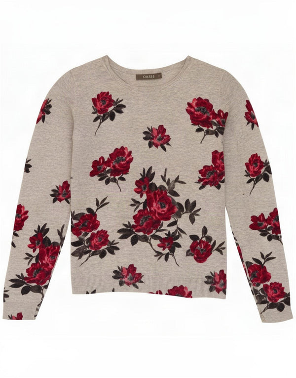 Oasis Womens Crop Boat Neck Jumper Sweater UK 6 XS Grey Floral Cotton