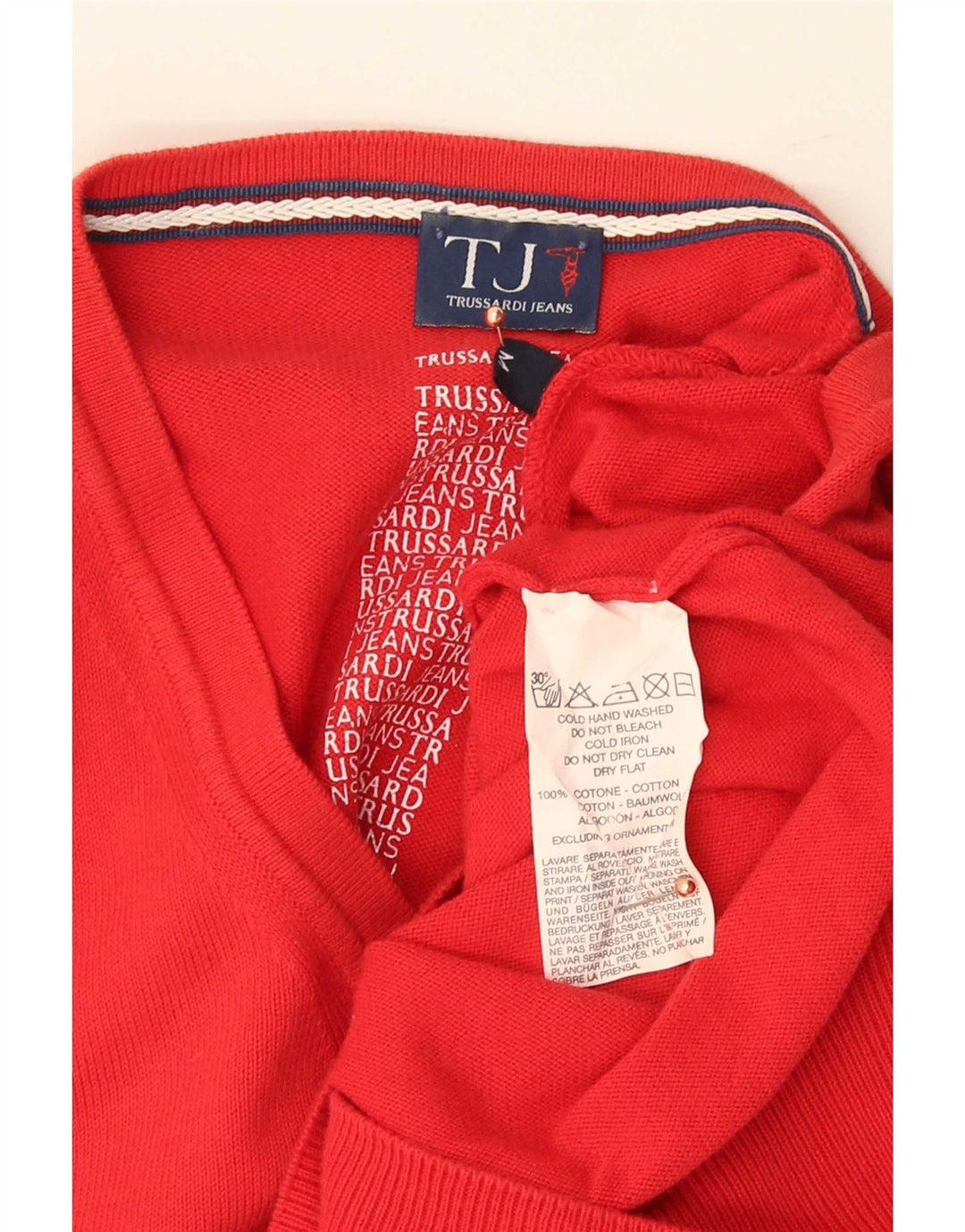 Maglione Uomo Trussardi Jeans Scollo a V Rosso Medio Cotone
