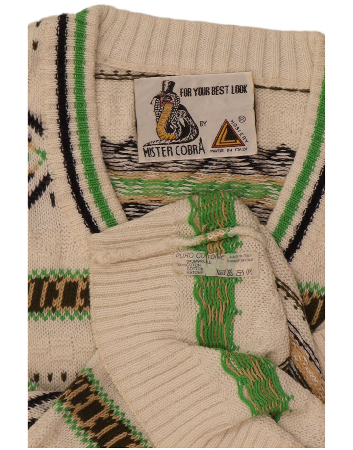 Vintage herre V-hals sweater Medium hvid geometrisk bomuld
