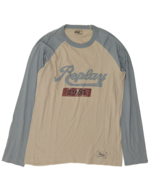 Replay Mens Graphic Top Long Sleeve Medium Off White Colourblock Cotton