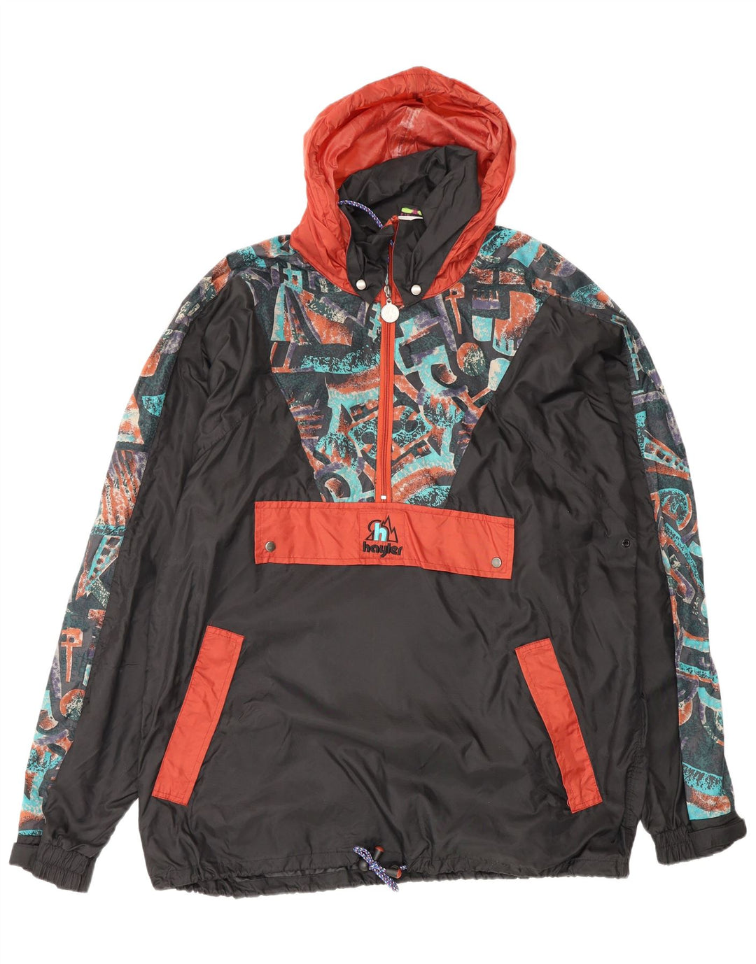 Vintage Mens Hooded Anorak Rain Jacket UK 38 Medium Black Geometric