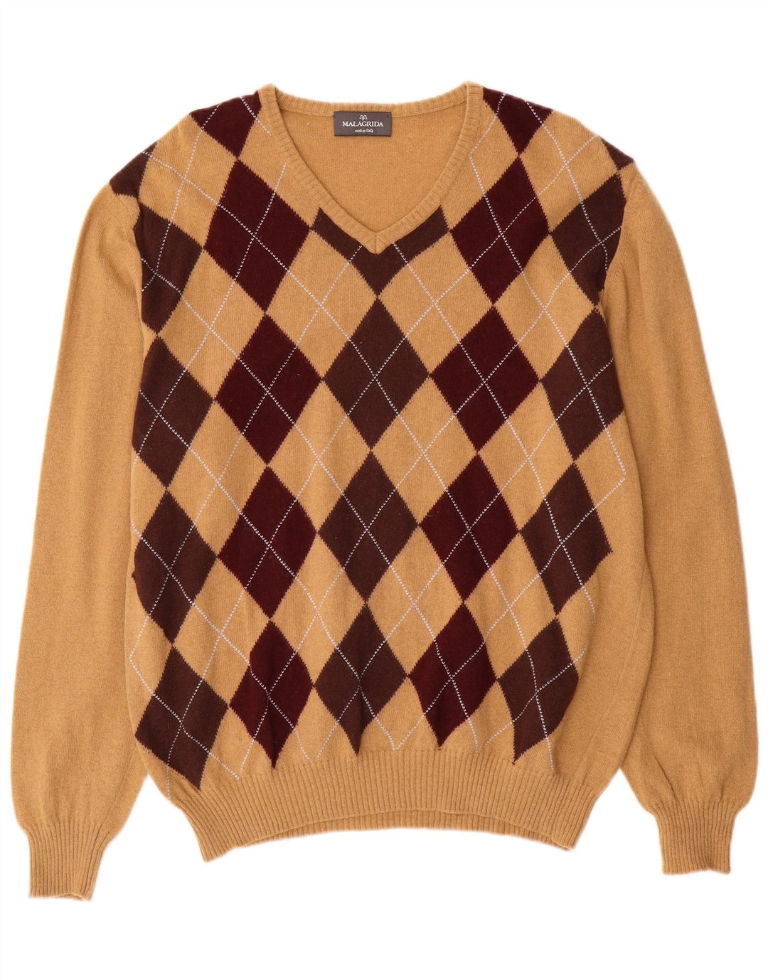 Malagrida Herre V-hals sweater XL Beige Argyle/Diamond Wool