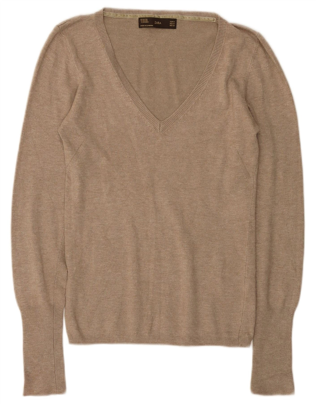 Zara Womens V-Neck Jumper Sweater UK 12 Medium Beige Rayon