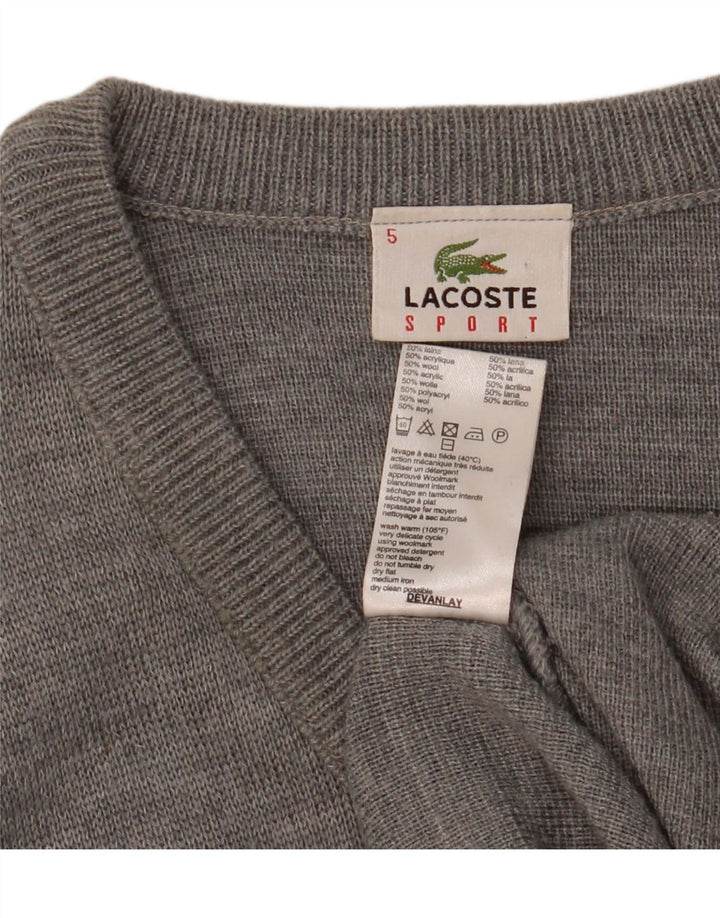 LACOSTE Mens V-Neck Jumper Sweater Size 5 Large Grey Wool