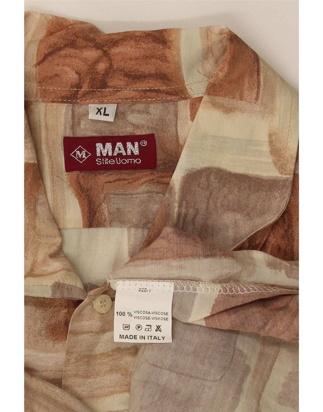 Vintage Mens Short Sleeve Shirt XL Brown Patchwork Viscose