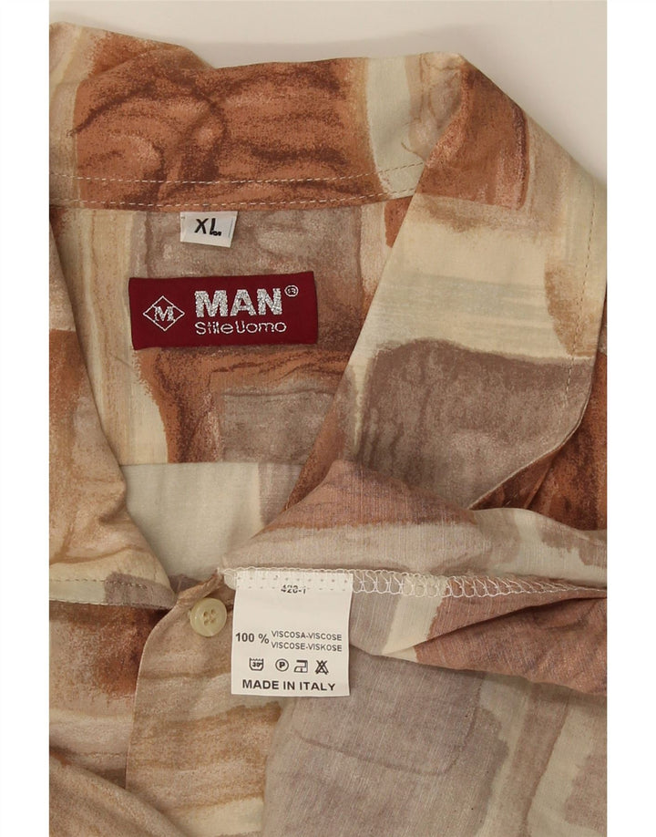 Vintage Mens Short Sleeve Shirt XL Brown Patchwork Viscose
