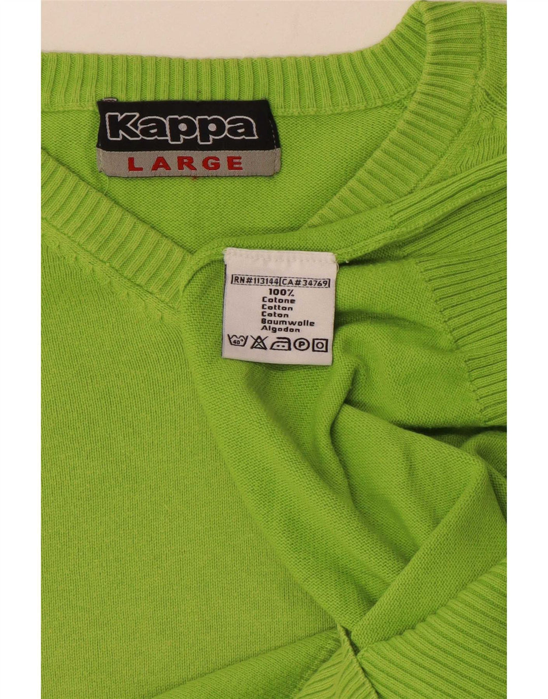 Kappa Mens V-Neck Jumper Sweater Large Green Cotton