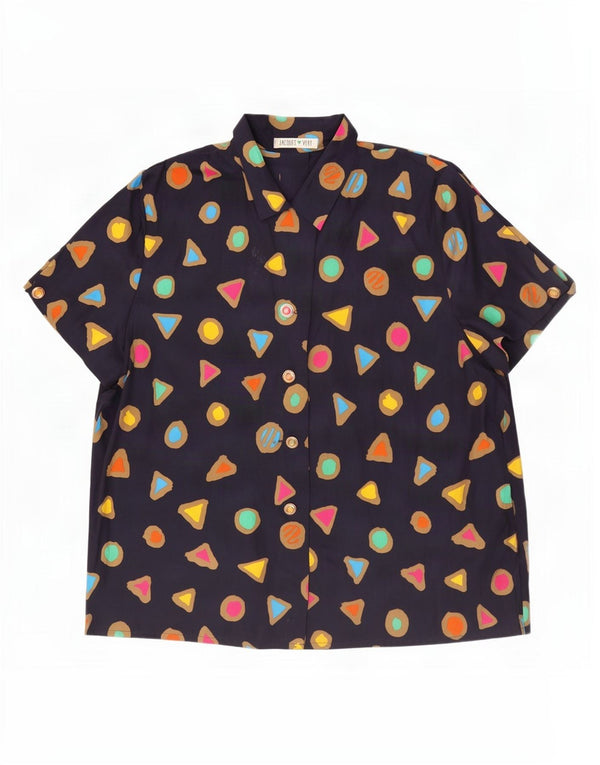 Blusa feminina de manga curta Jacques Vert Reino Unido 18 XL azul marinho geométrico