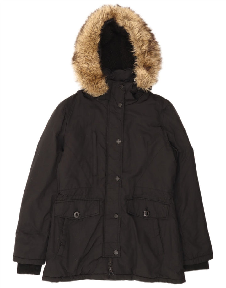 Superdry Womens Hooded Parka Jacket UK 12 Medium Black Nylon