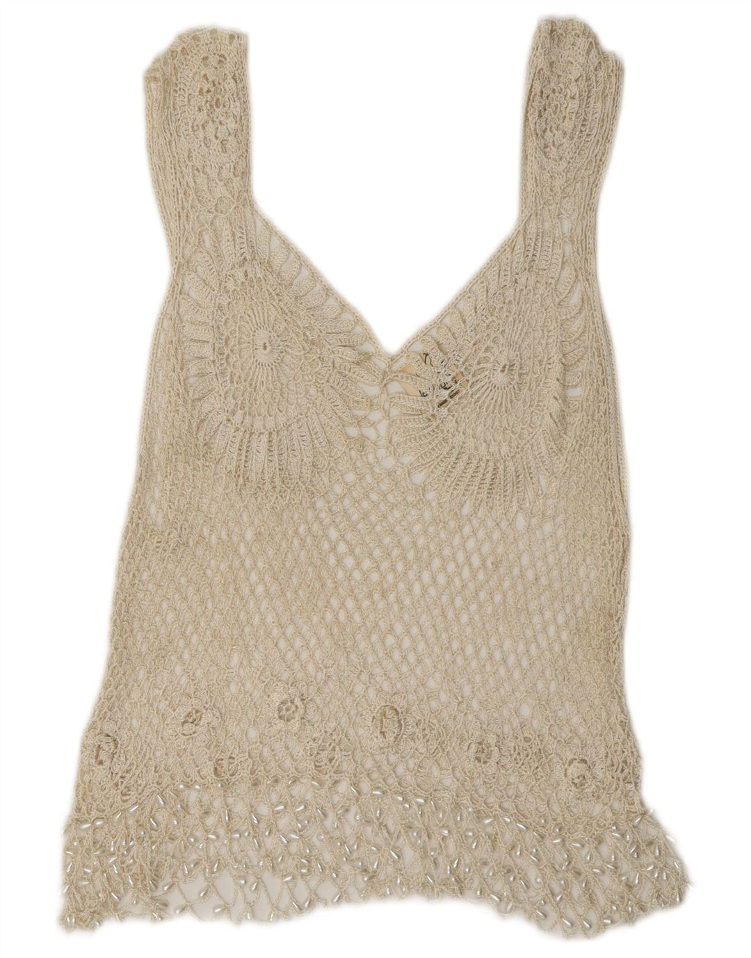 Rafale Womens Hand Made Crochet Blouse Top UK 14 Medium Beige Rayon