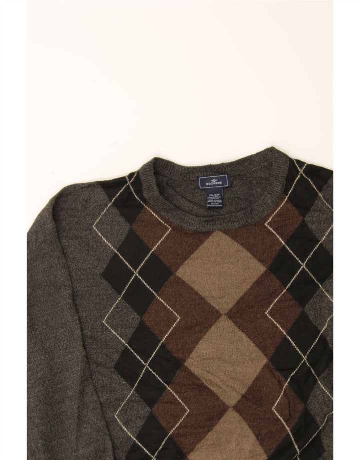 DOCKERS Mens Crew Neck Jumper Sweater 2XL Grey Argyle/Diamond Acrylic