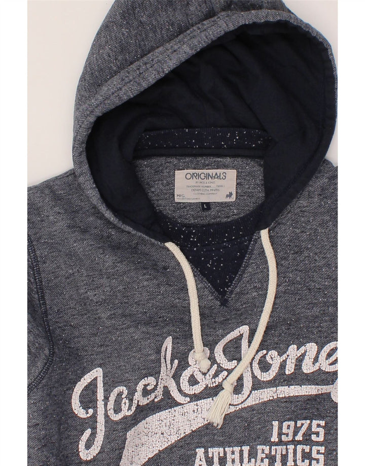 JACK & JONES Mens Graphic Hoodie Jumper Large Navy Blue Flecked Polyester Vintage Jack & Jones and Second-Hand Jack & Jones from Messina Hembry 