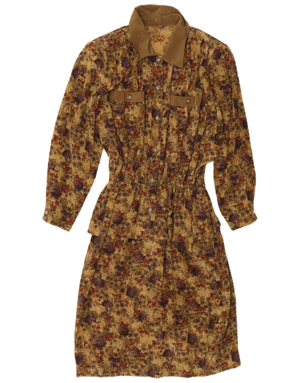 Vintage kvinders 3/4 ærmer Peplum Kjole UK 14 Large Khaki Floral Viscose