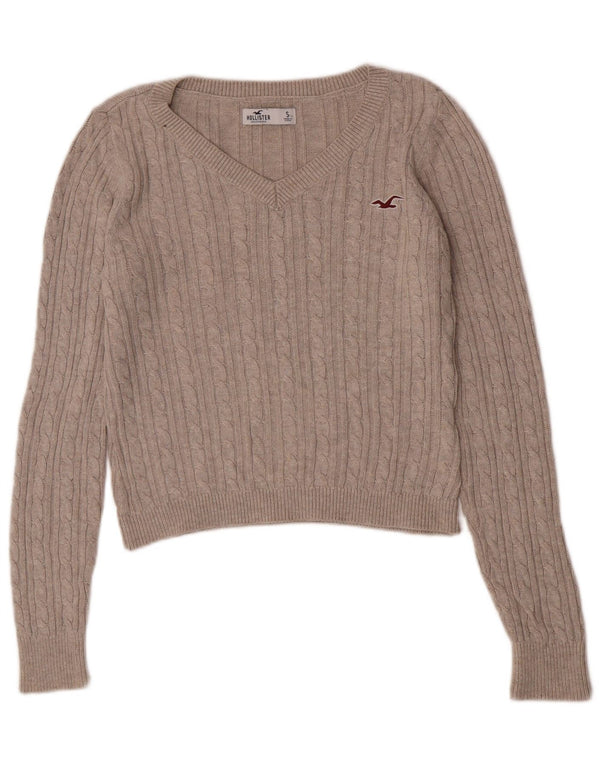 Hollister Womens V-Neck Jumper Sweater UK 10 Small Beige Cotton