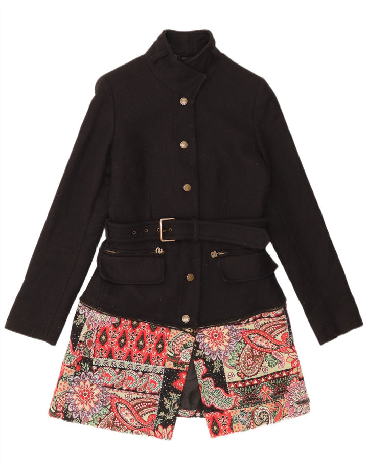 DESIGUAL Womens Overcoat EU 36 Small Black Paisley Wool