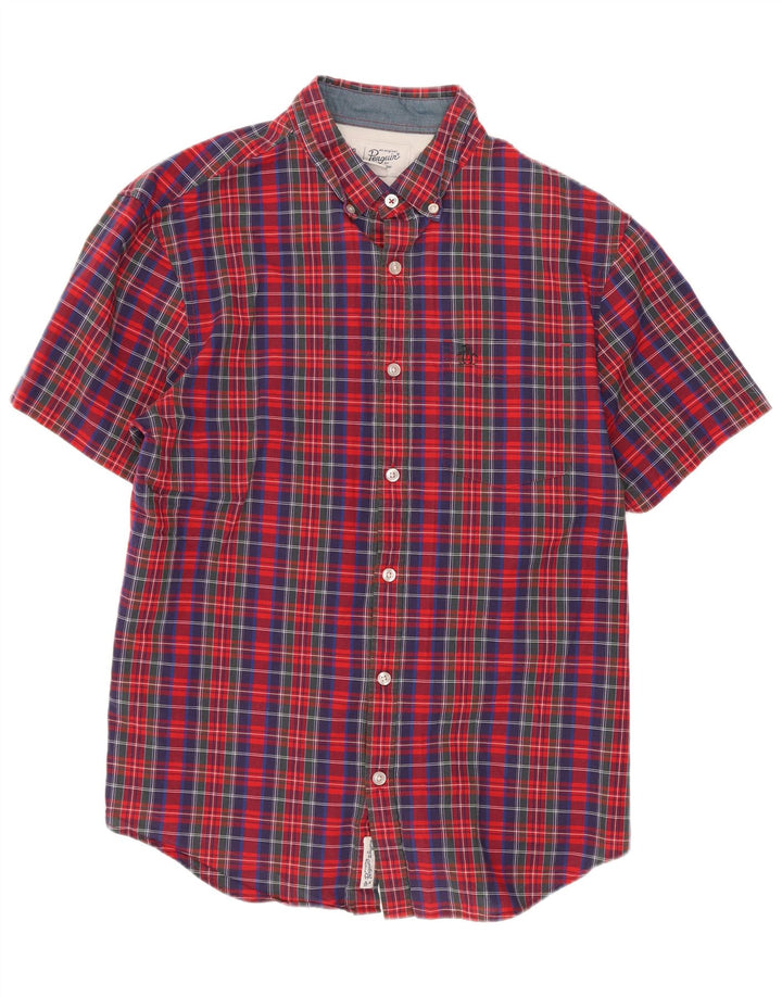 Penguin Mens Short Sleeve Shirt Medium Red Check Cotton