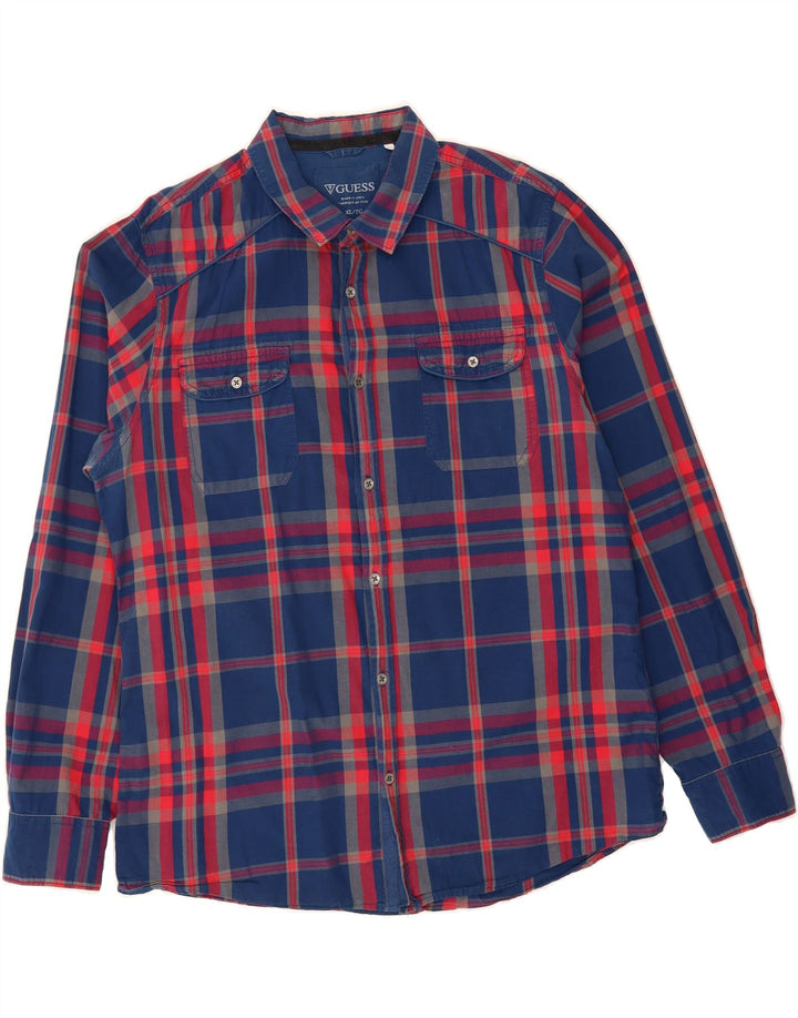 GUESS Mens Slim Fit Shirt XL Navy Blue Check Cotton Vintage Guess and Second-Hand Guess from Messina Hembry 
