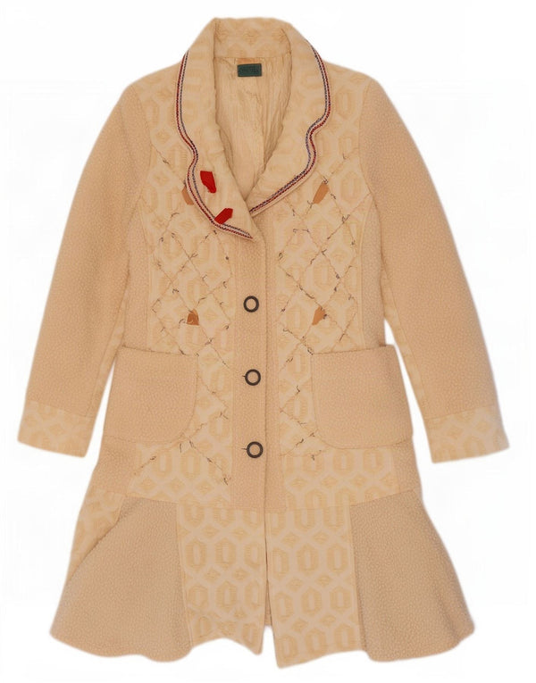 Sobretudo gráfico feminino Save the Queen UK 14 acetato geométrico bege médio