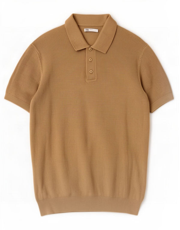 Zara Herre Kortærmet Polo Neck Jumper Sweater Medium Khaki Bomuld