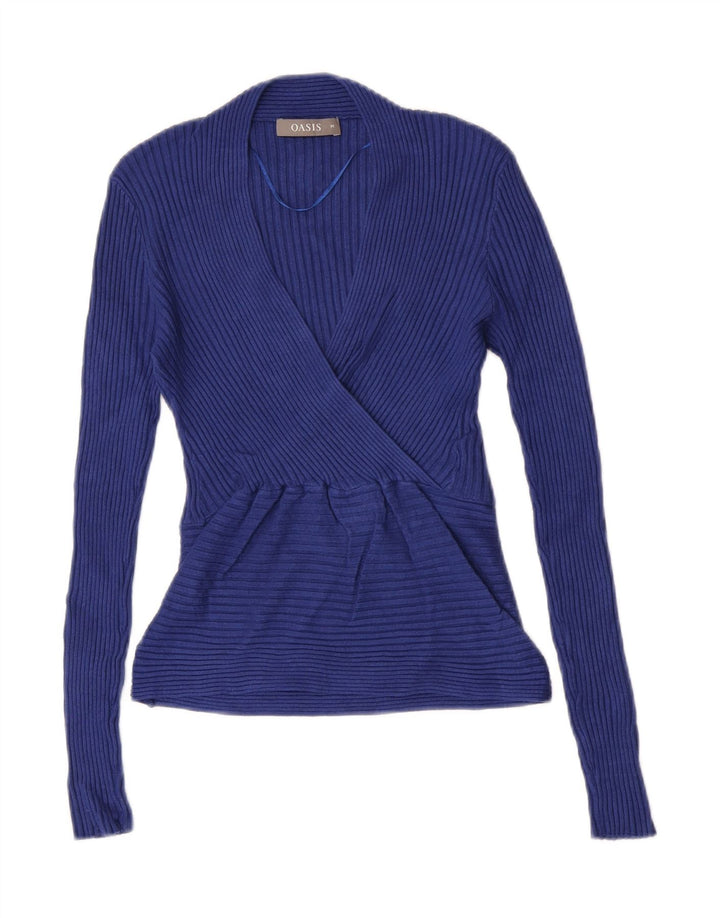 Oasis Damen-Pullover mit V-Ausschnitt, UK 12, mittelblaue Viskose