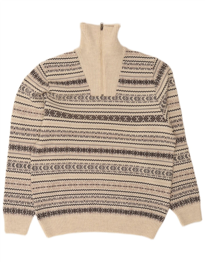 Jim Spencer Mens Zip Neck Jumper Sweater Medium Beige Fair Isle Wool
