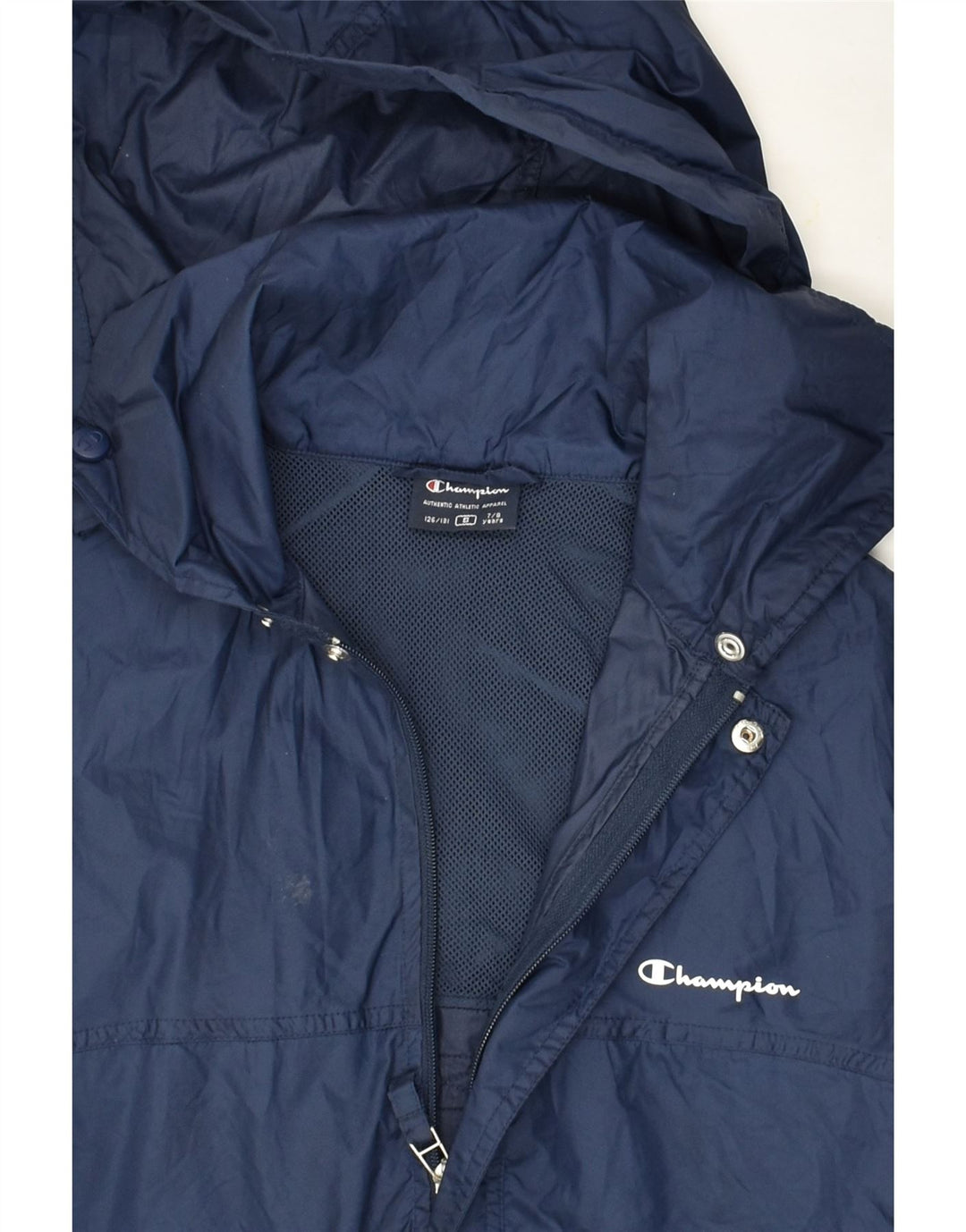 CHAMPION Boys Hooded Rain Jacket 7-8 Years Small Navy Blue Polyamide | Vintage Champion | Thrift | Second-Hand Champion | Used Clothing | Messina Hembry 