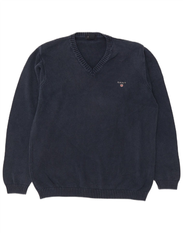 GANT Mens V-Neck Jumper Sweater Large Navy Blue Cotton