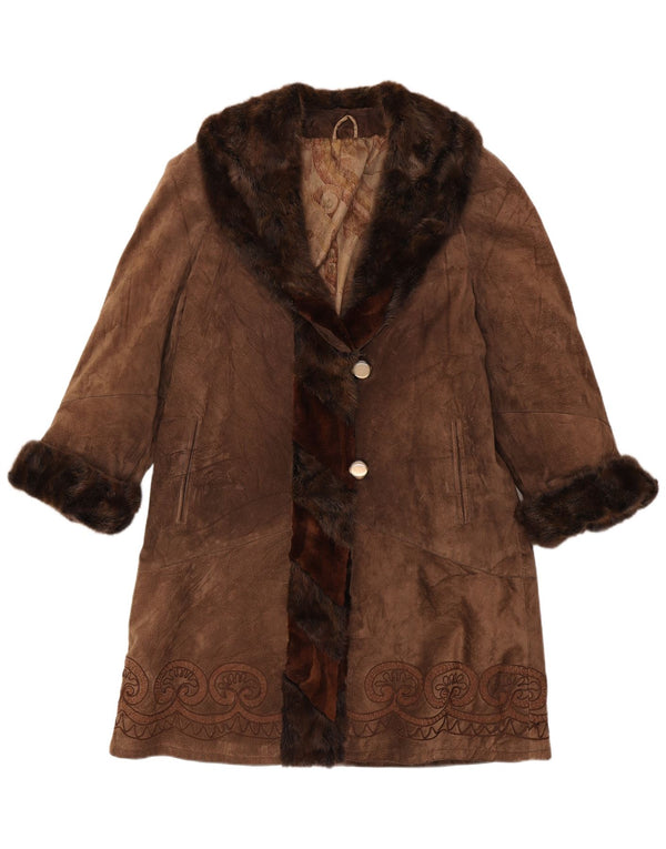 Sobretudo de camurça vintage feminino UK 14 médio marrom Paisley