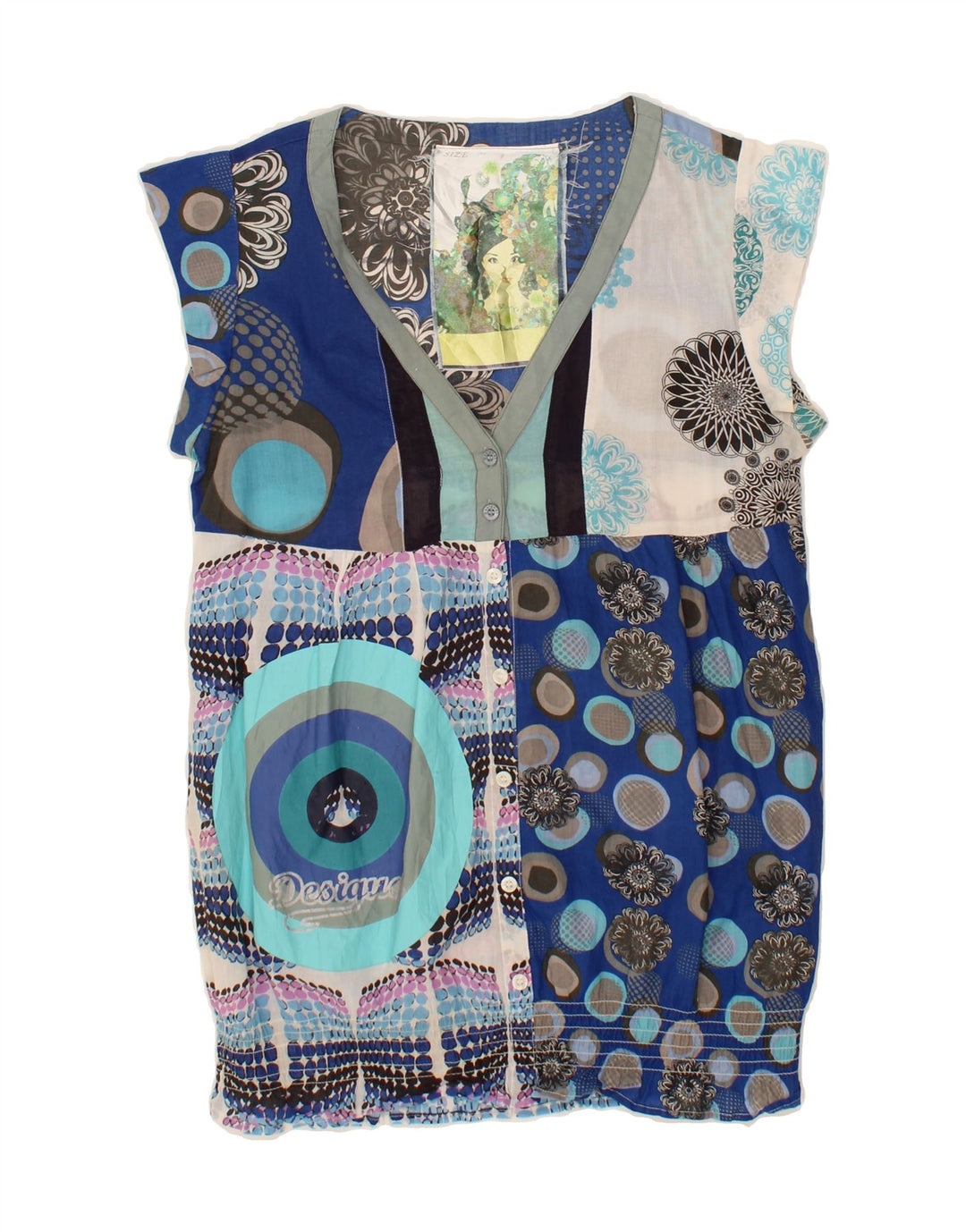 DESIGUAL Womens Graphic Shirt Blouse UK 12 Medium Blue Colourblock Vintage Desigual and Second-Hand Desigual from Messina Hembry 