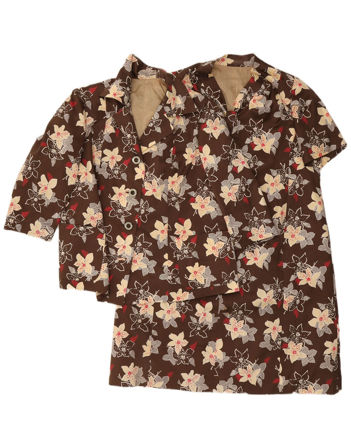 Vintage Womens 3/4 Sleeve 4 Button 2 Piece Set UK 12 Medium Brown Floral