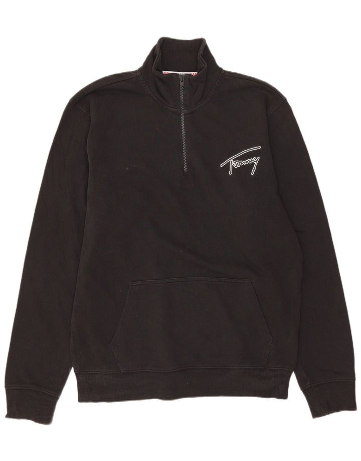 TOMMY HILFIGER Mens Zip Neck Sweatshirt Jumper Medium Black Cotton