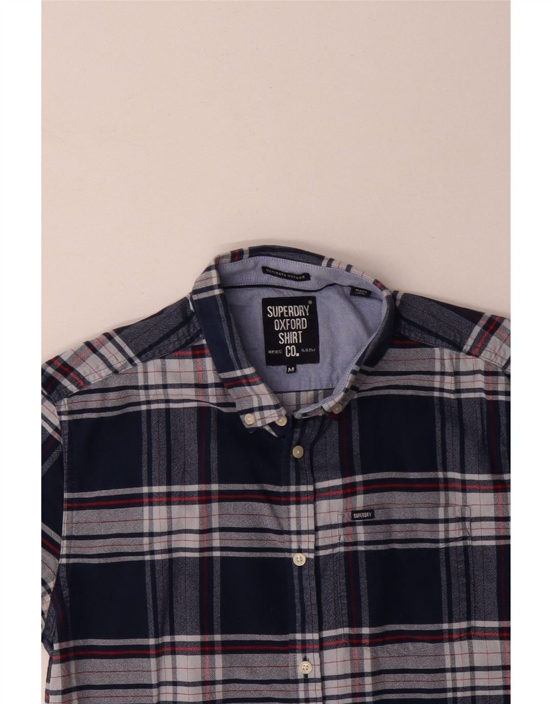 SUPERDRY Mens Short Sleeve Shirt Medium Navy Blue Check Cotton