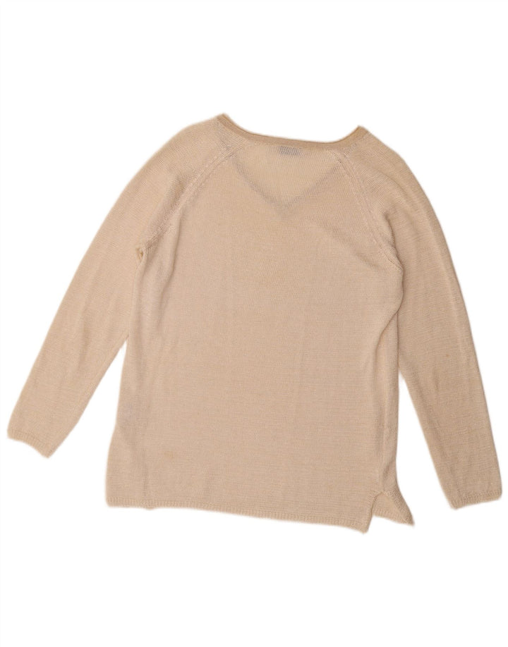 vintage Femme V-Col Jumper Pull UK 16 Grand Beige Polyester