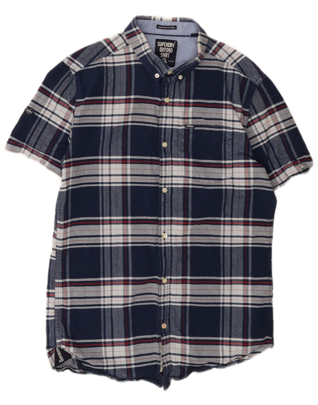 Superdry Mens Short Sleeve Flannel Shirt Medium Navy Blue Check Cotton