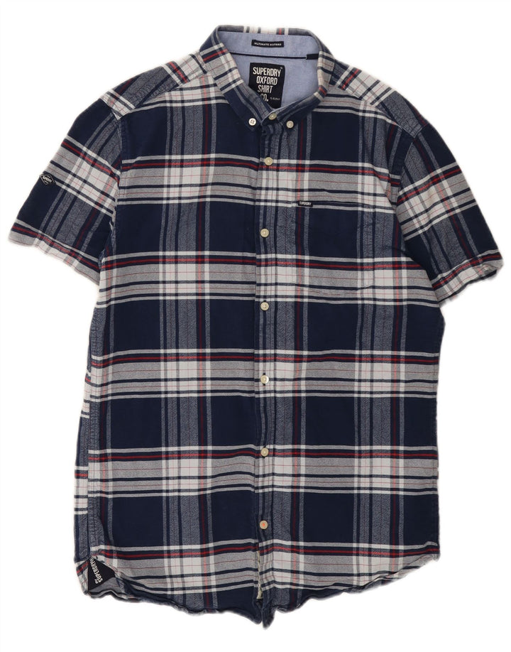 Superdry Mens Short Sleeve Flannel Shirt Medium Navy Blue Check Cotton