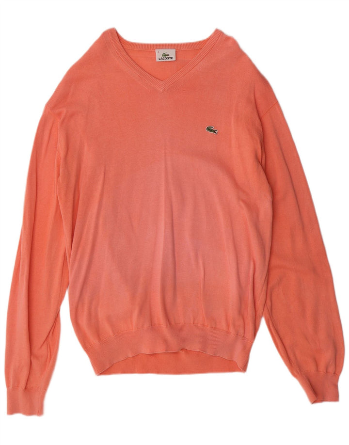LACOSTE Mens V-Neck Jumper Sweater Size 4 Medium Orange