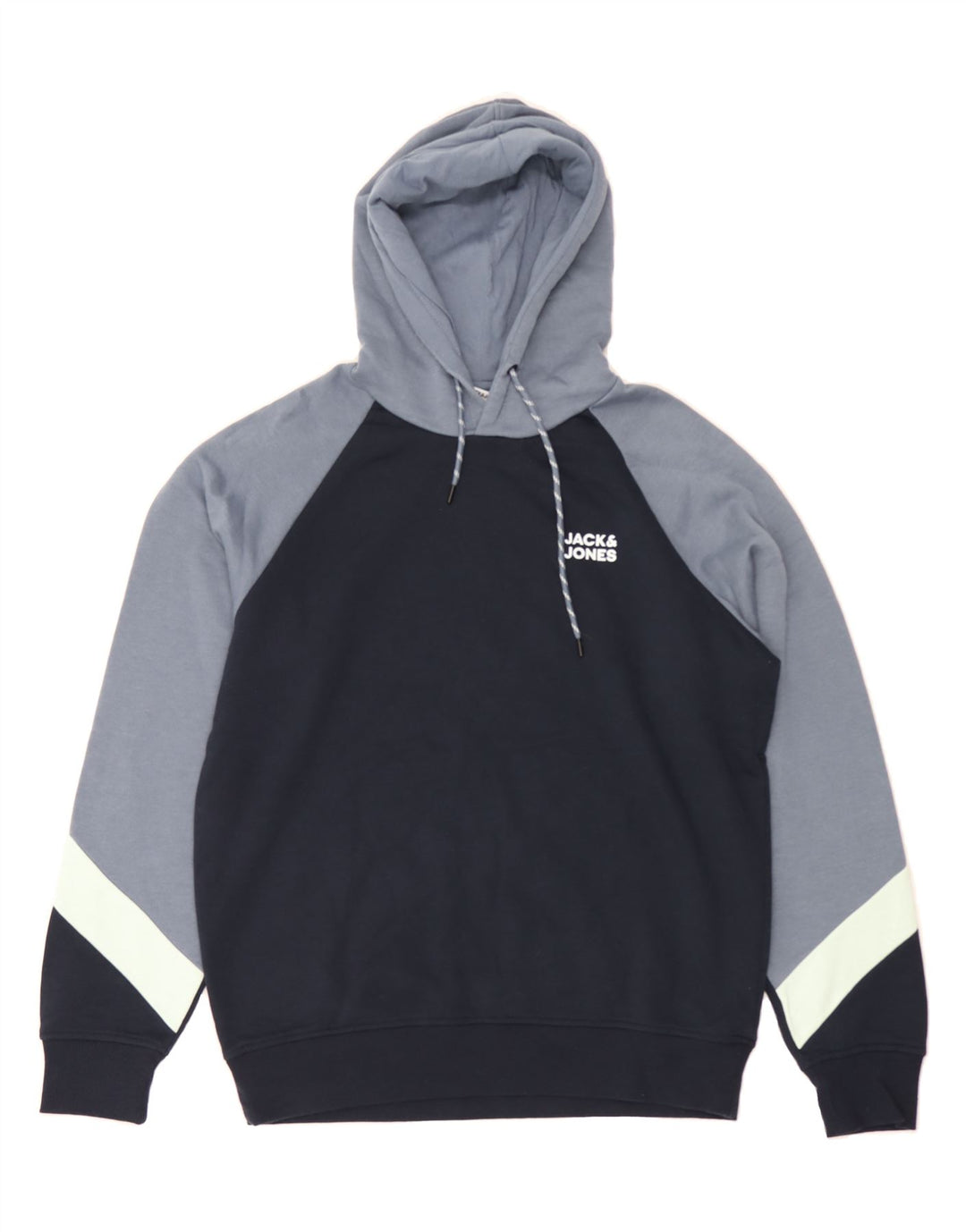 JACK & JONES Mens Hoodie Jumper Large Navy Blue Colourblock Polyester Vintage Jack & Jones and Second-Hand Jack & Jones from Messina Hembry 