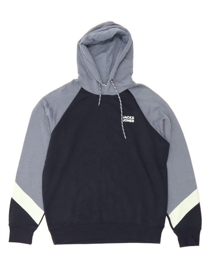 JACK & JONES Mens Hoodie Jumper Large Navy Blue Colourblock Polyester Vintage Jack & Jones and Second-Hand Jack & Jones from Messina Hembry 