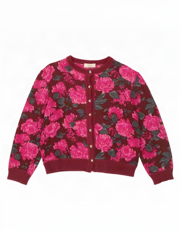 Pulover Cardigan Vintage pentru Damă UK 14 Medium Burgundy Lână Florală