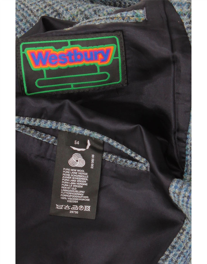 WESTBURY Mens 3 Button Blazer Jacket UK 54 2XL Blue Houndstooth Wool