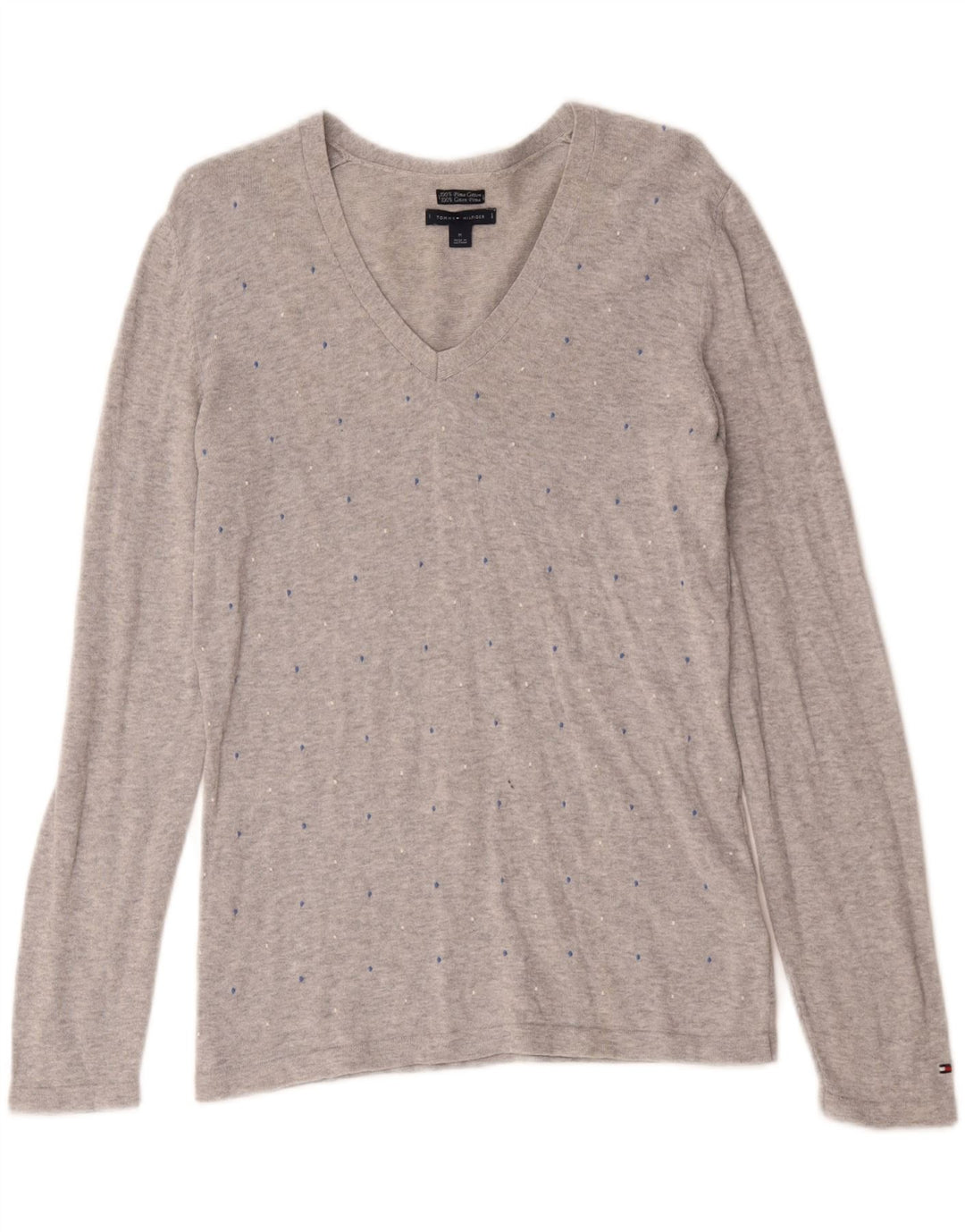Tommy Hilfiger Damen Top Langarm UK 12 Mittelgrau gepunktete Baumwolle