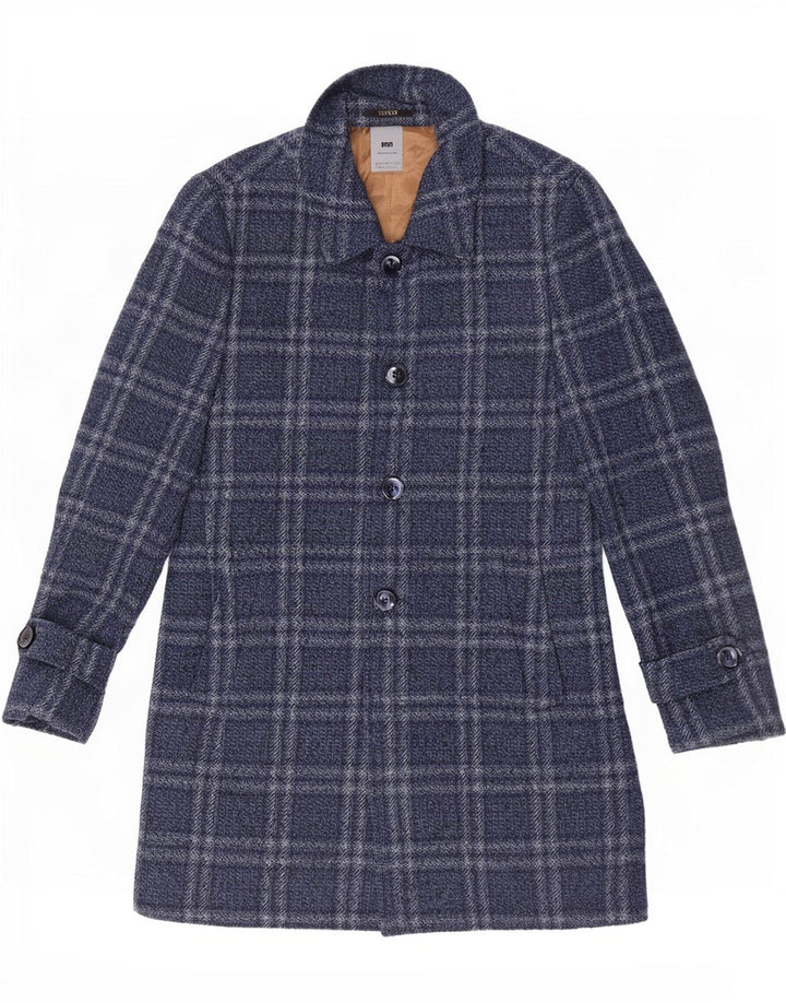 vintage Mens Overcoat IT 46 Petit Bleu Marine Check Polyester