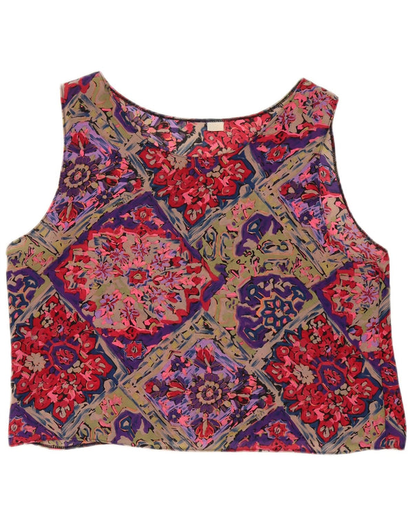 vintage Womens Crop Sans Manches Blouse Top UK 16 Grand Floral Multicolore