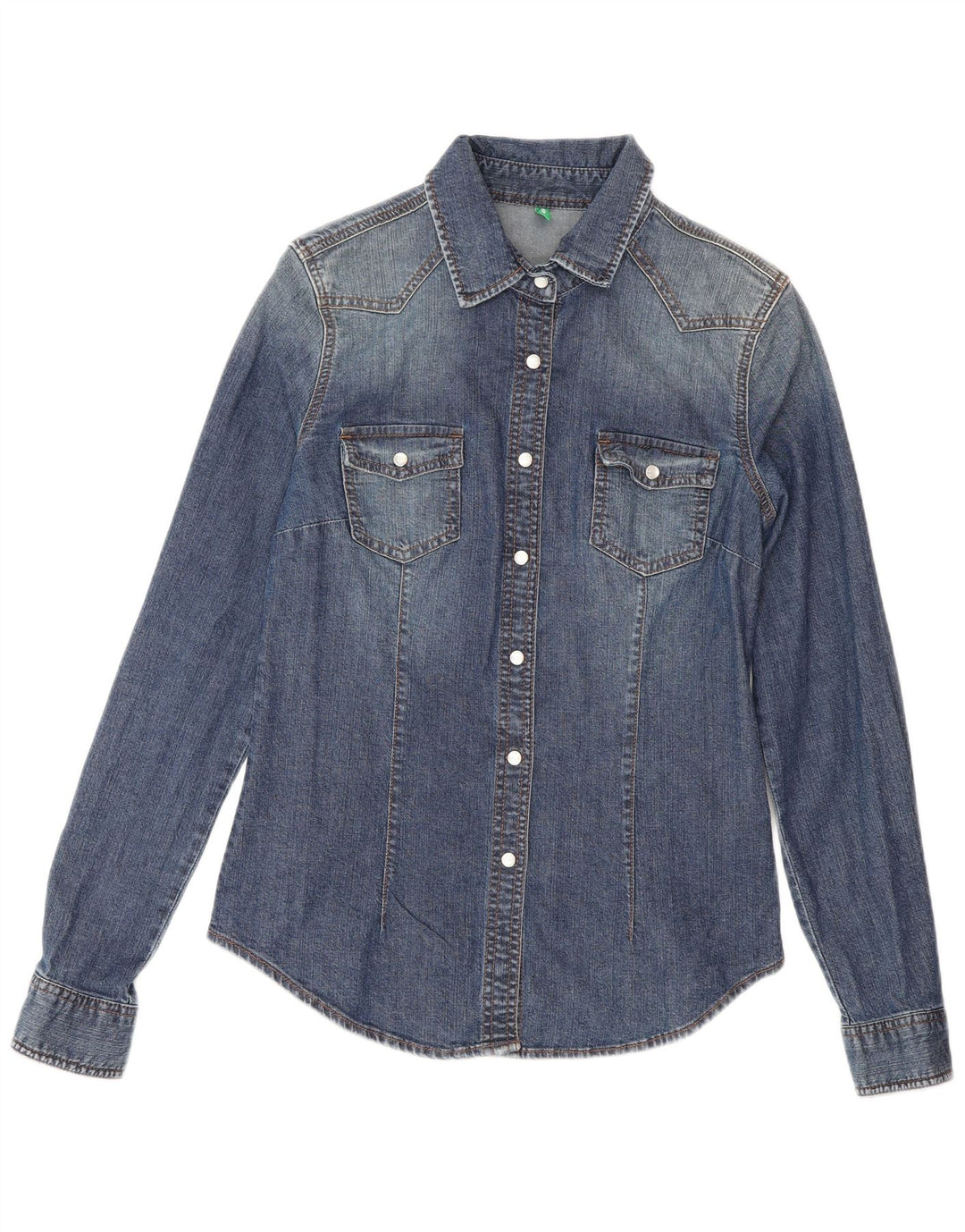 Benetton Womens Denim Shirt UK 12 Medium Blue Cotton