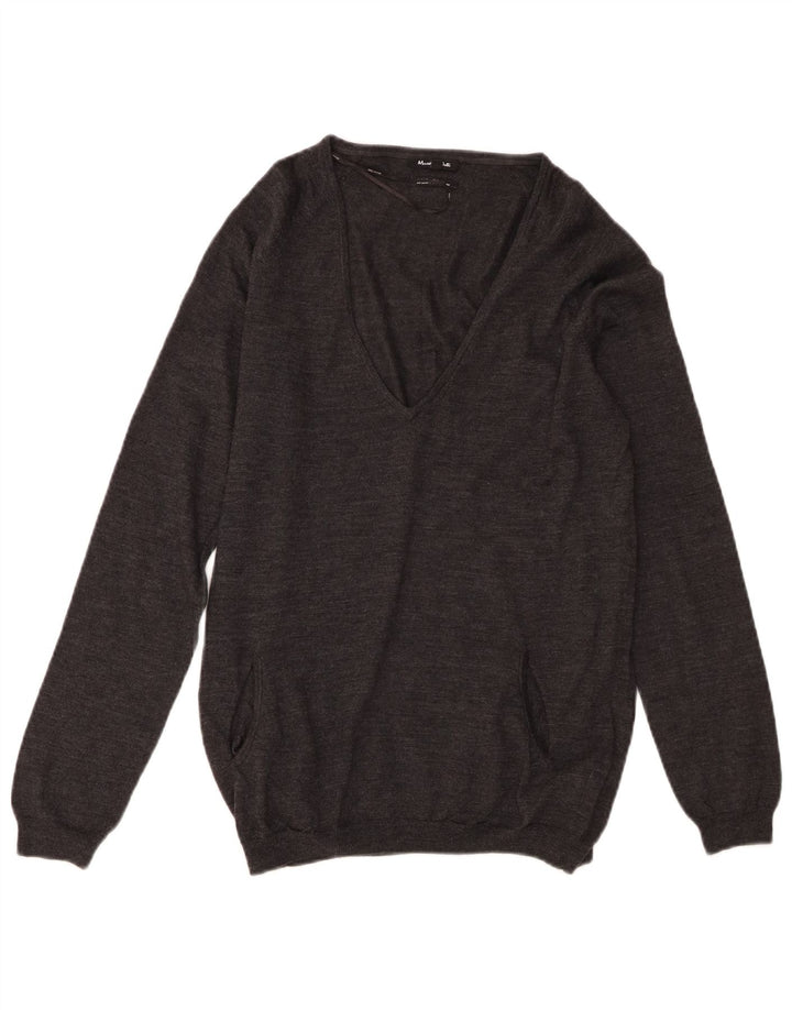 Massimo Dutti Damen-Pullover mit V-Ausschnitt, UK 12, mittelgraue Wolle
