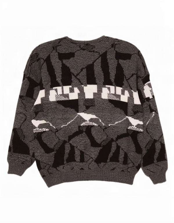 vintage Mens V-neck Jumper Sweater XL Gris Géométrique Acrylique
