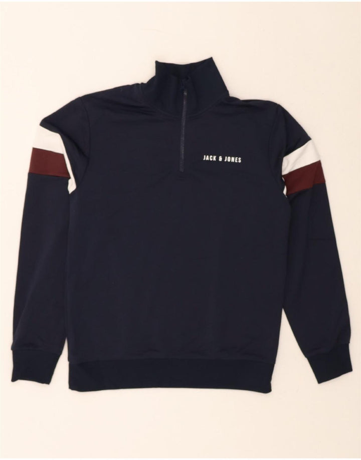 JACK & JONES Mens Zip Neck Sweatshirt Jumper Small Navy Blue Colourblock Vintage Jack & Jones and Second-Hand Jack & Jones from Messina Hembry 