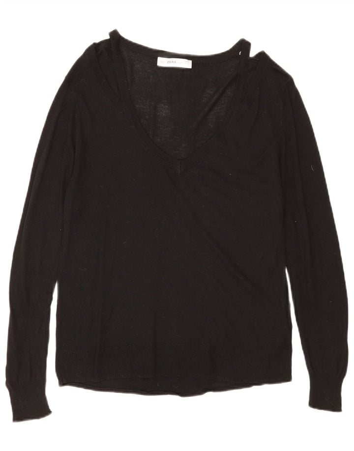 Zara Womens V-Neck Jumper Sweater UK 14 Medium Black Viscose