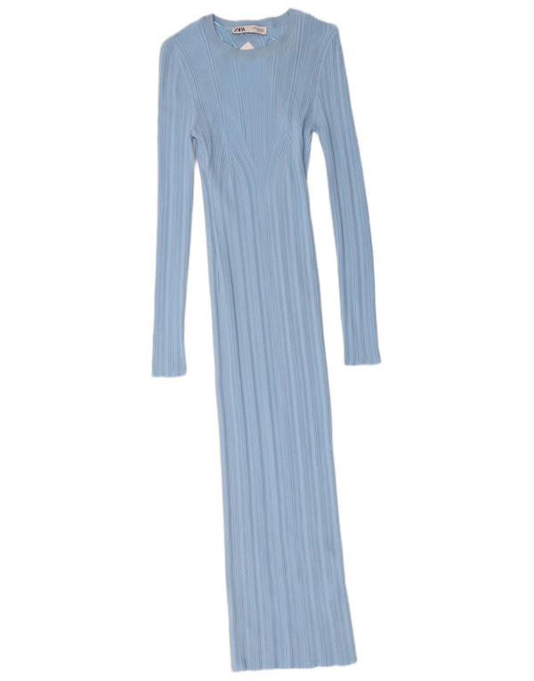 Zara Femme Maxi Robe Pull à Manches Longues UK 12 Bleu Moyen Nylon
